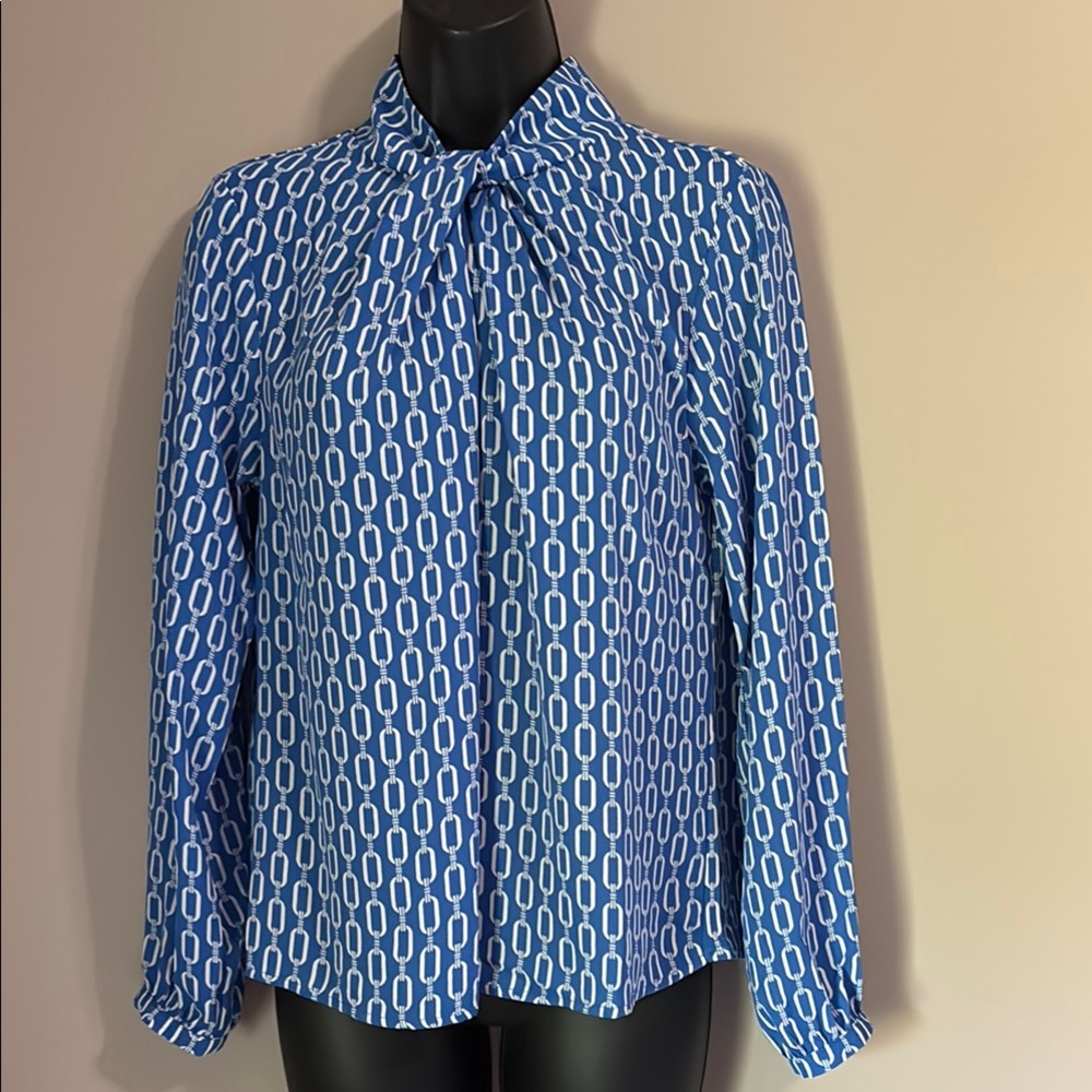 Ann Taylor Factory White and Blue Tie Front Long Sleeve Blouse